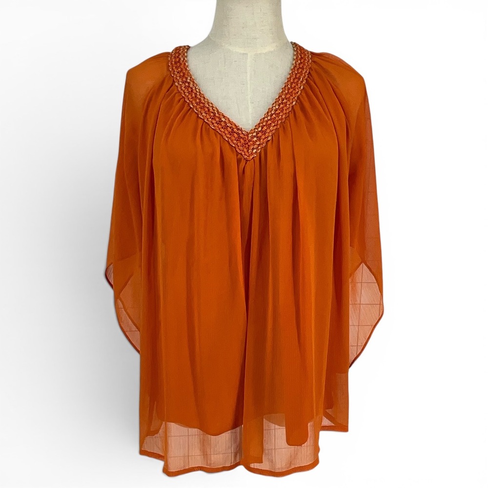 Riva di‎ Chiari Orange Beaded Neckline Kaftan Flowy Sleeve Top